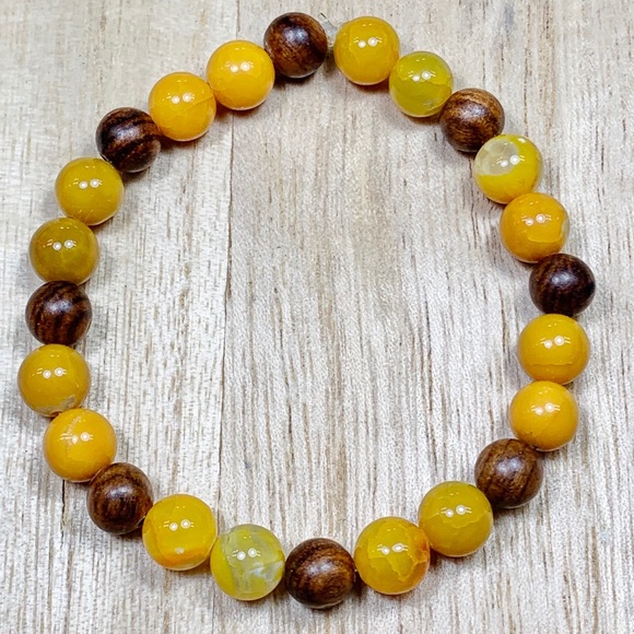 8mm Yellow Agate & Wood Chakra Bracelet - Picture 2 of 4